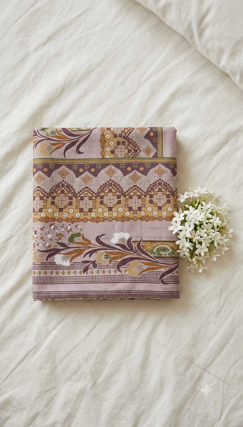 Premium Dusty Mauve Cotton 2-Piece - Small Floral Print with Royal Border Orna